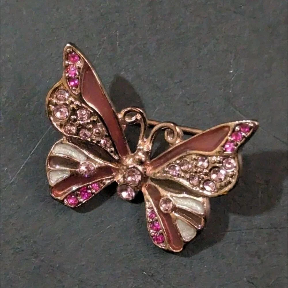 Vintage Enamel Butterfly Brooch With Pink & Clear‎ Rhinestones Estate 1.25